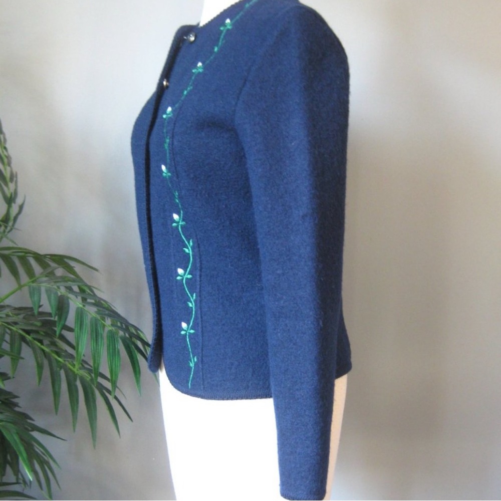 Boiled Wool Cardigan Sweater / Vtg / Skyr Navy Wool Cardigan with pink rose - Picture 4 of 6